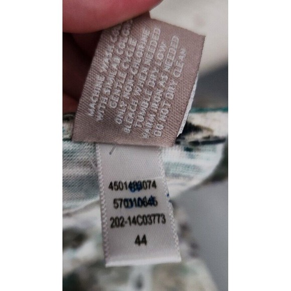 CHICOS Womans Roll Tab 3/4 Sleeve Knit TOP‎ Tan Teal Purple Tunic Sz 0 Small - Picture 10 of 10